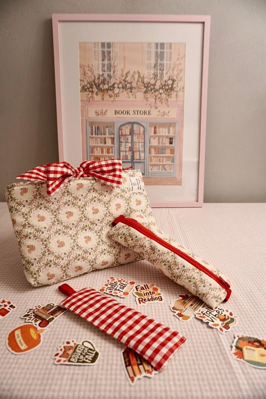 Set book lover scoiattolini (scacchetti rossi)