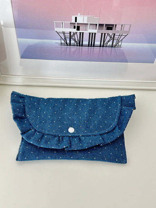Pochette froufrou jeans con brillantini