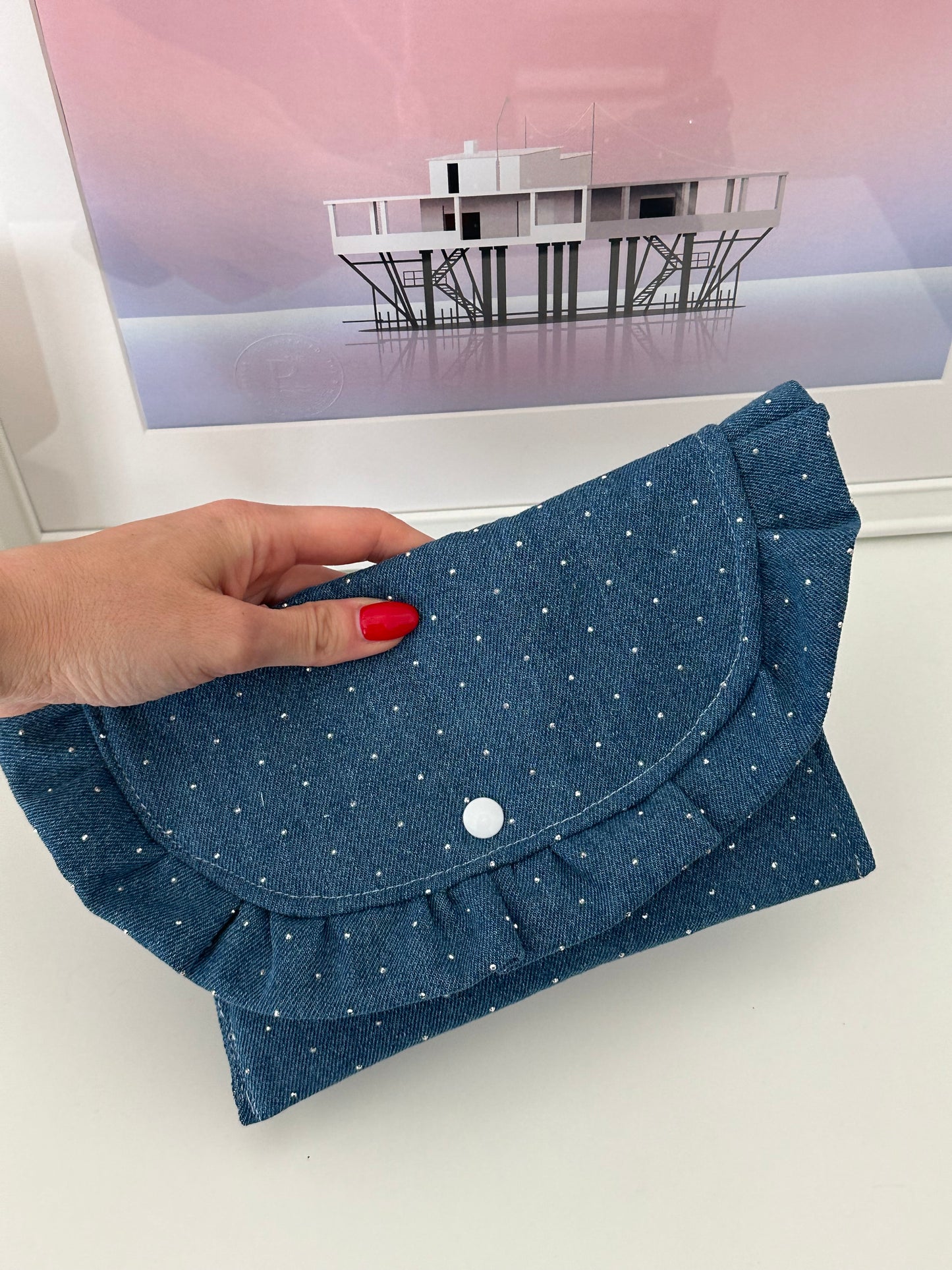 Pochette froufrou jeans con brillantini