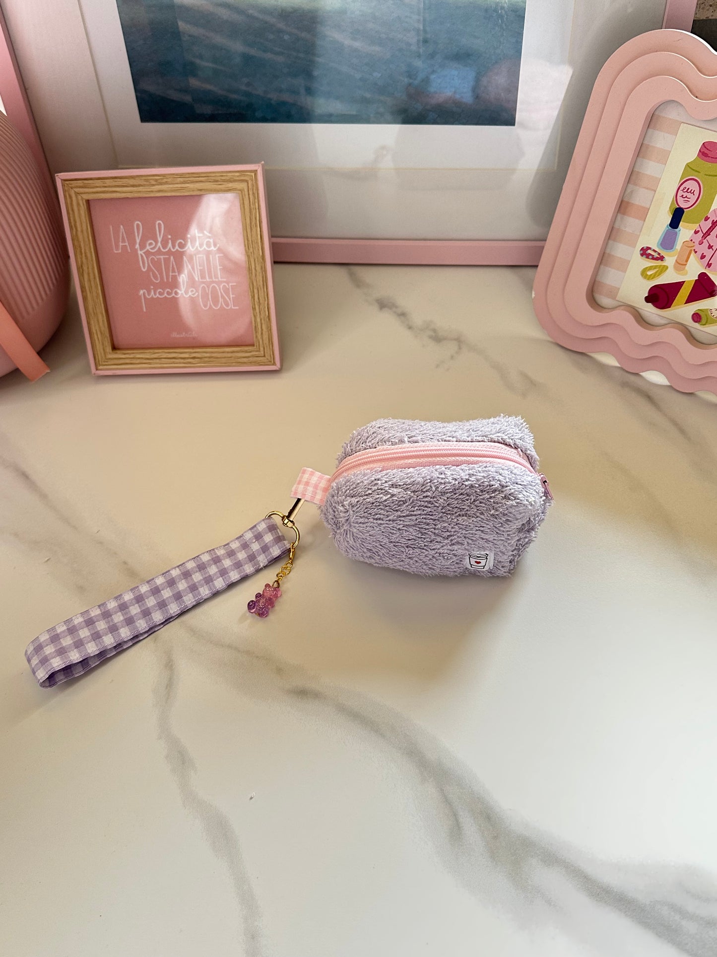 Portachiavi mini beauty spugna lilla con charm