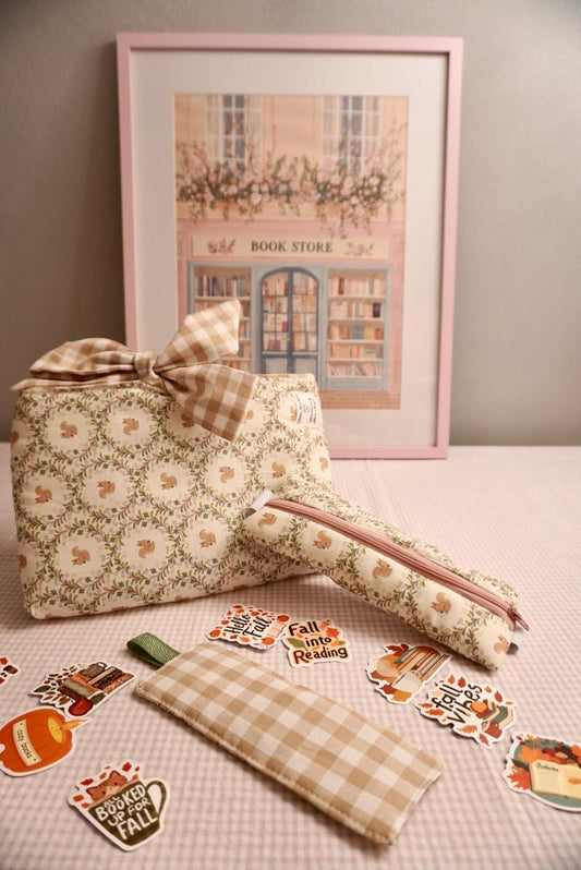 Set book lover scoiattolini (scacchetti beige)